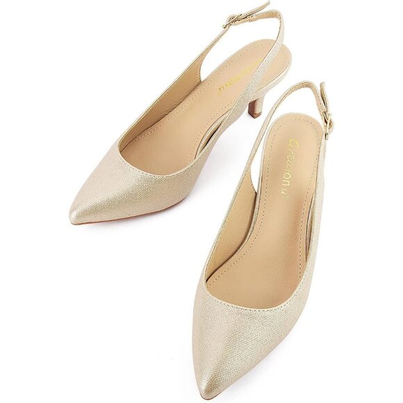 🆕 Women Gold Low Heel Pump Closed Pointed Toe Kitten Wedding Party Dressy Sexy - Picture 3 of 6